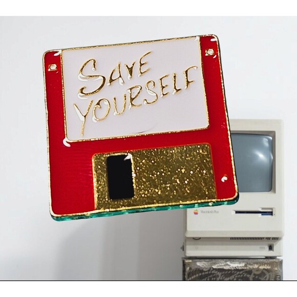 Retro Floppy Disc Save Yourself Enamel & Metal Pin Vintage Memorabilia Red White - Picture 1 of 7